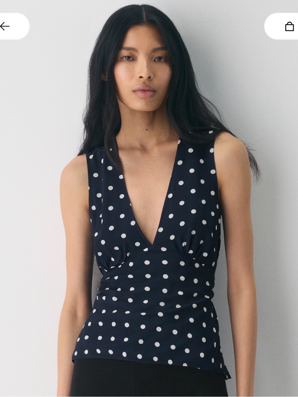 Aritzia Navy and White Polka Dot V-Neck Sleeveless Top